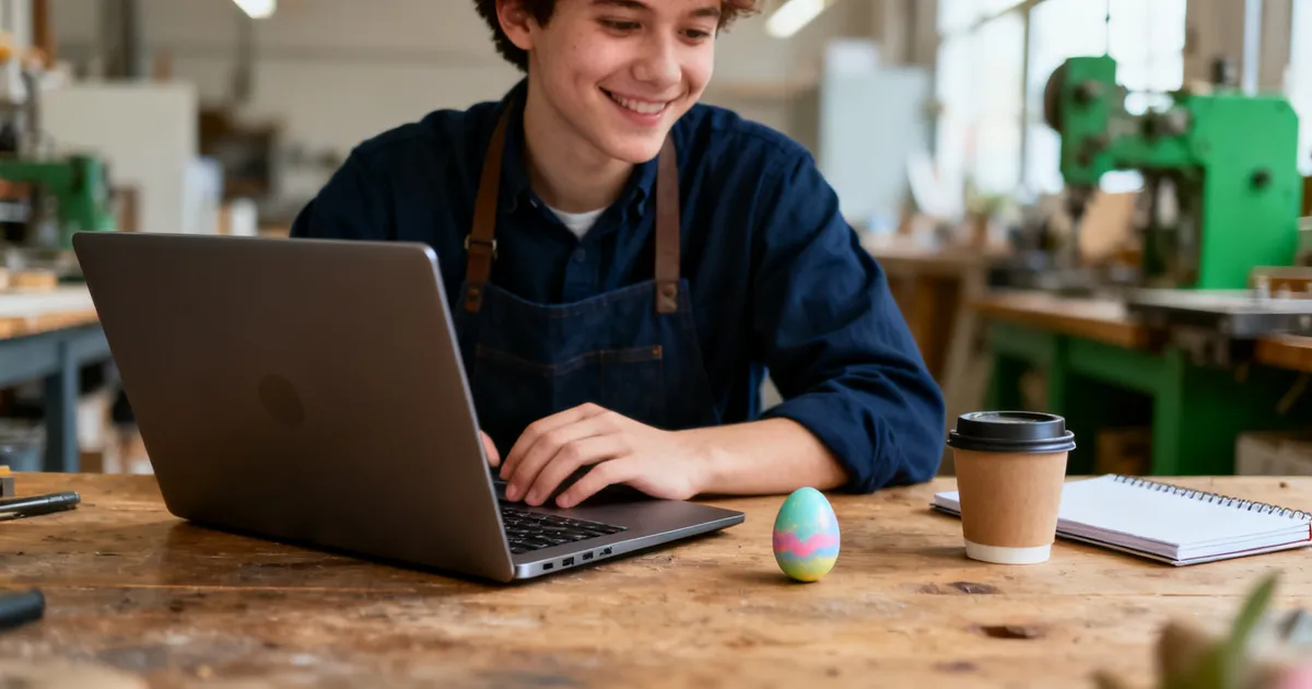 Ondernemer aan een bureau met laptop, notitieblok en een beschilderd paasei