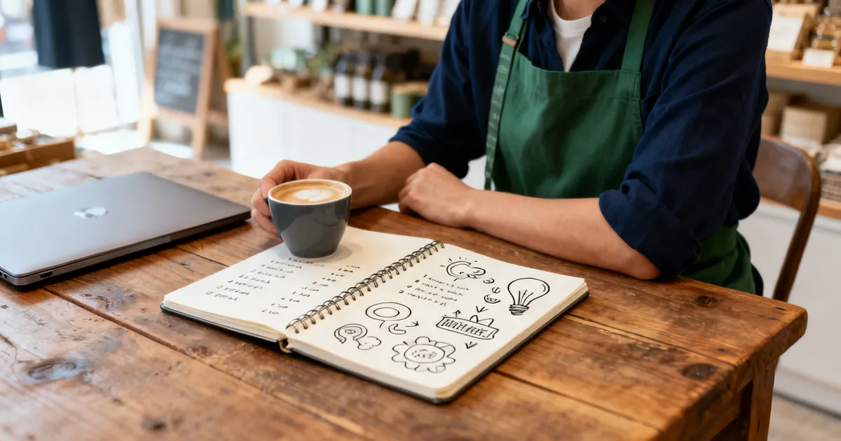 Ondernemer aan een houten tafel met een notitieboekje vol schetsen en ideeën naast een kop koffie