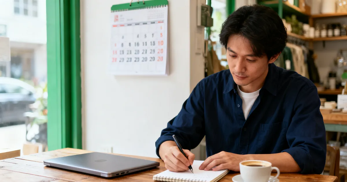 Small business owner planning the year in a notebook at a wooden table