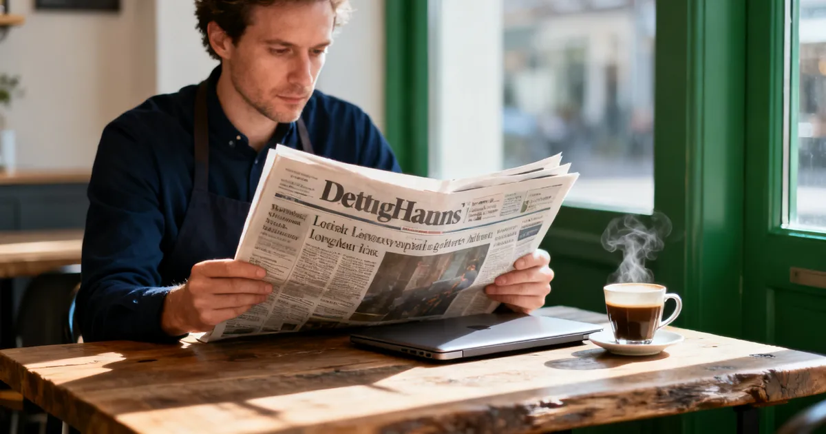 Small shop owner reading a newspaper at the counter of a local shop