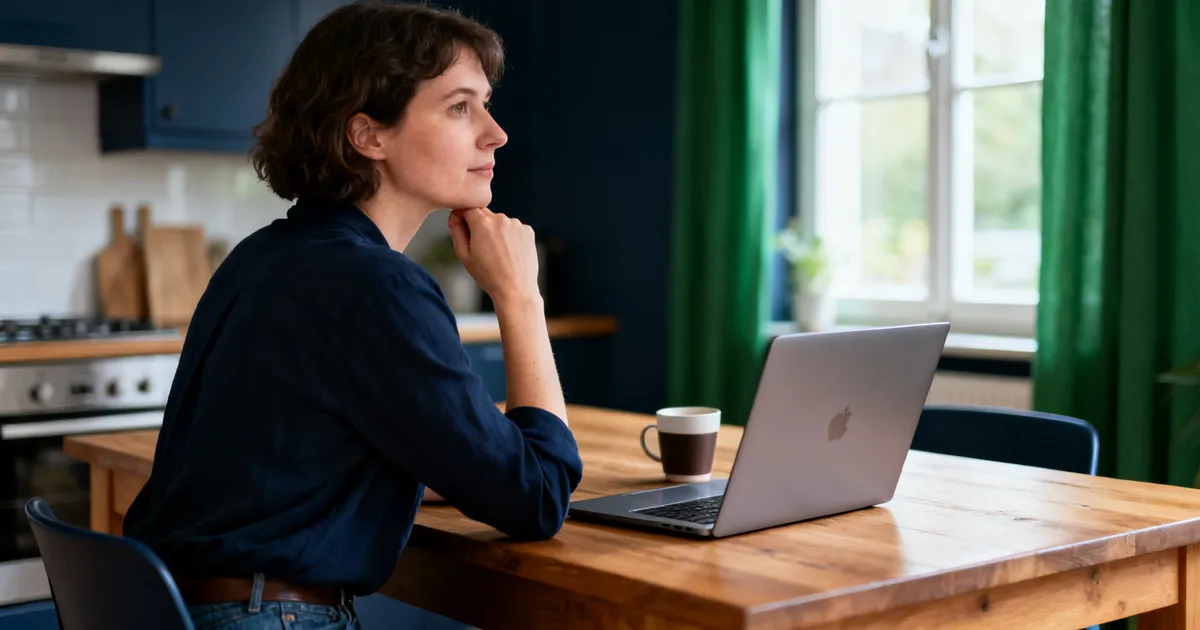 Business owner aan een keukentafel met laptop en notitieboek, bezig met uitzoeken waarom de website niet in Google staat