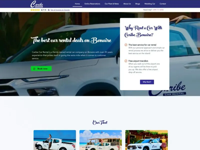 Homepage of Caribe Car Rental with white rental cars and the headline The best car rental deals on Bonaire