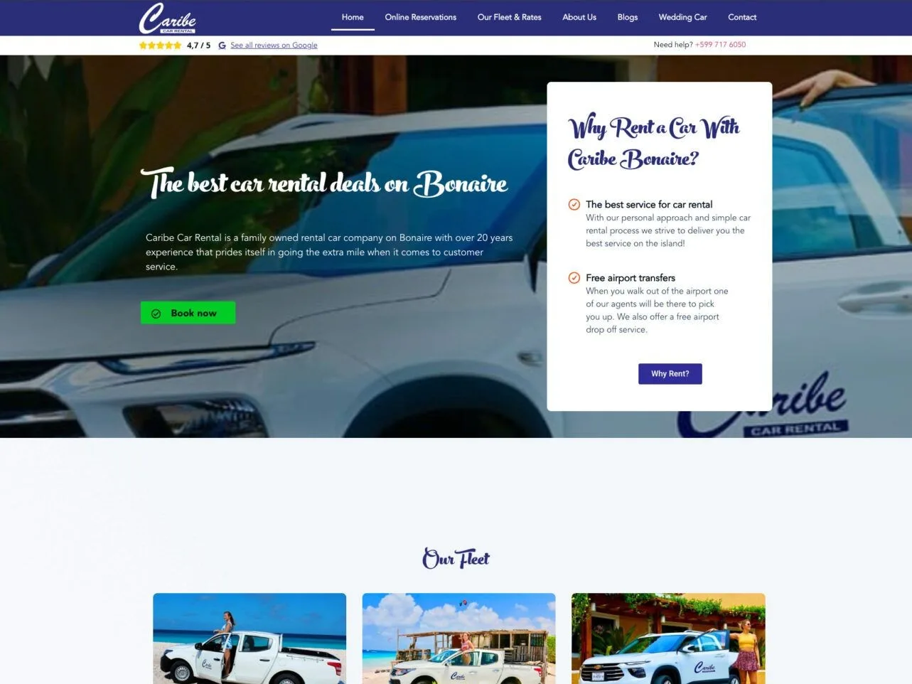 Homepage of Caribe Car Rental with white rental cars and the headline The best car rental deals on Bonaire