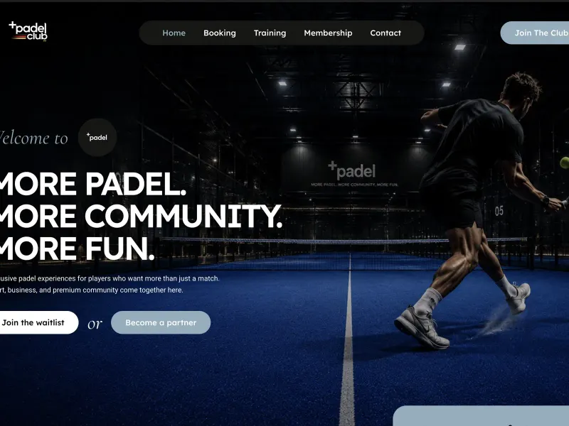 Homepage of Padel Club: a player on a blue indoor court with the headline More padel. More community. More fun.