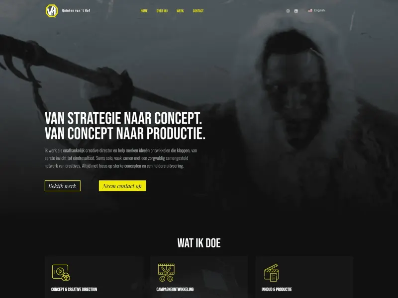 Homepage of Quinten van 't Hof with the headline From strategy to concept. From concept to production.