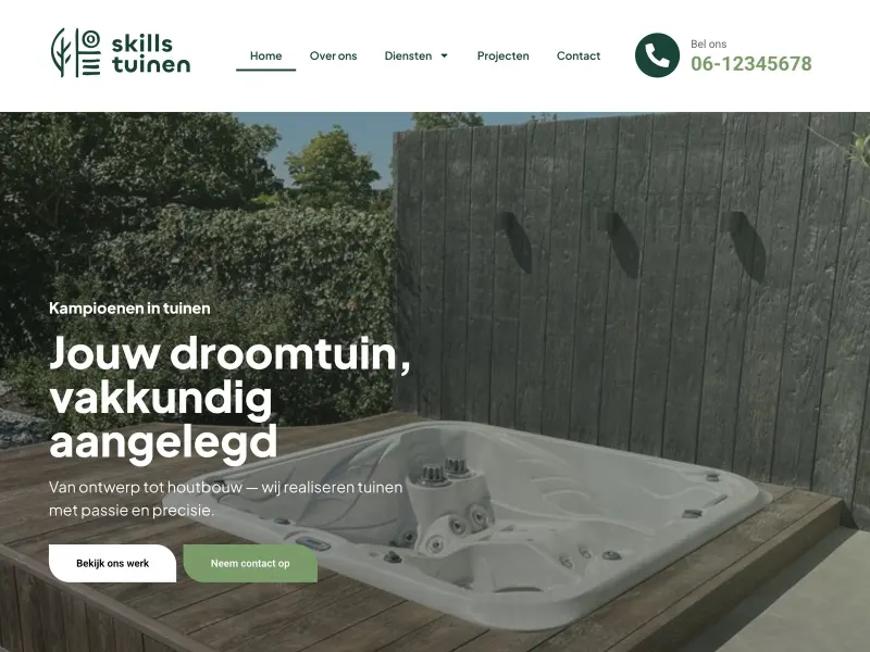 Homepage of Skills tuinen with a landscaped garden and the headline Your dream garden, expertly built