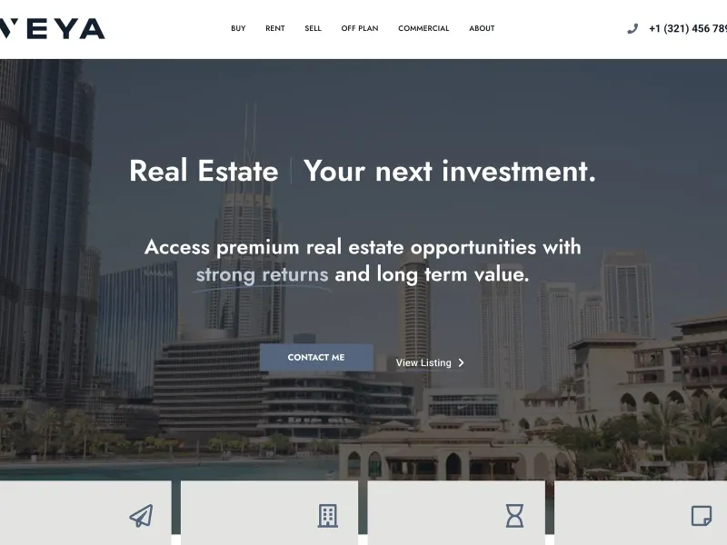 Homepage of Veya, real estate, with a skyline in the background